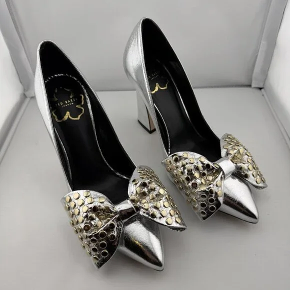 Ted Baker London Metallic Silver Studded Bow Heels - Picture 1 of 16